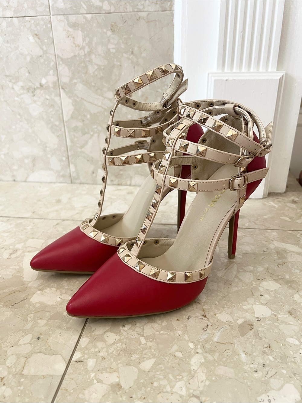 Wild Diva Red Pointed-Toe Studded T-Strap Heels
